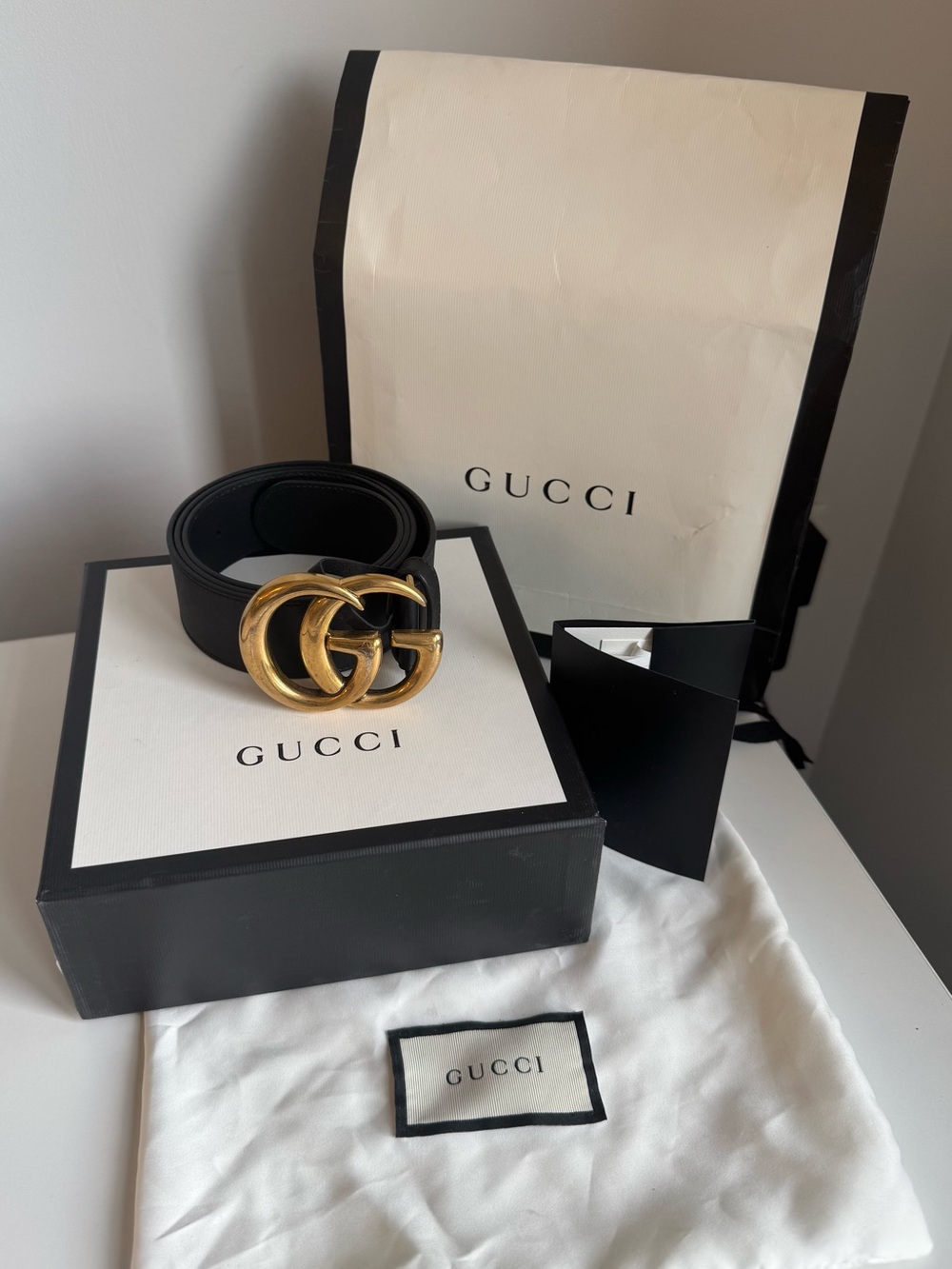 ✨ Gucci Marmont Wide Belt – Black Leather & Gold Tone Buckle ✨Size: 90/36
